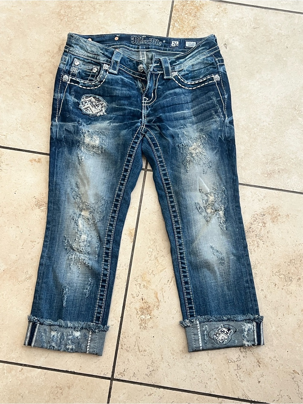 Miss Me Washed Dark Blue Cropped Distressed Jeans
